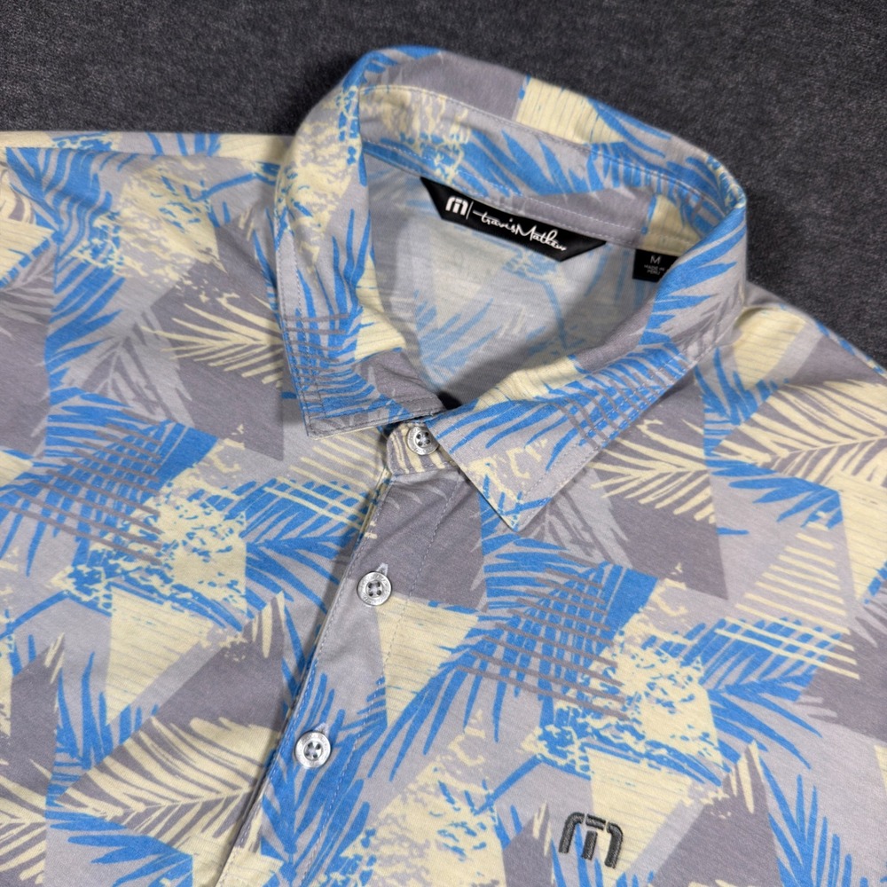 Travis Mathew Polo Shirt Mens Medium Blue Palm Leaf Geometric Print Pima Cotton